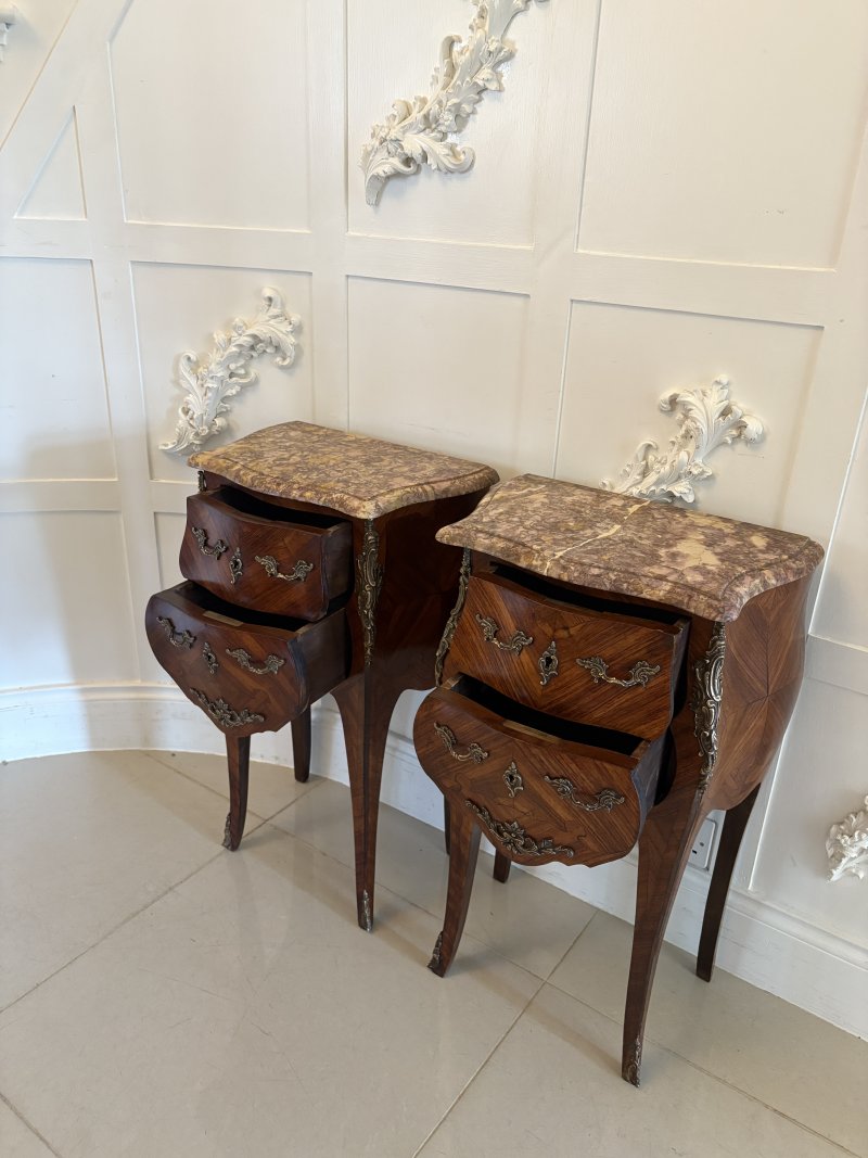Pair of Antique Quality French Kingwood Marble Top Marquetry Inlaid Bedside Cabinets - Image 7